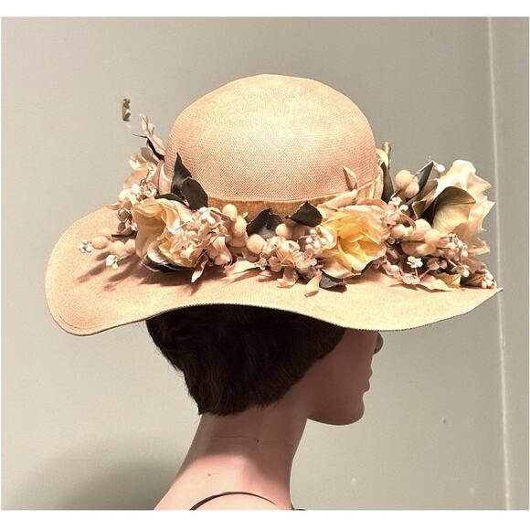 Vintage 1950s Bes-Ben Straw Wide Brim HAT w/Yellow Silk Velvet Flowers RARE - Picture 3 of 8